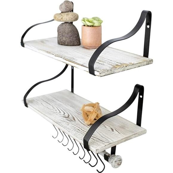 Wall Mounted Floating Spice Shelves with Towel Bar and Removable Hooks, Solid - Picture 1 of 7